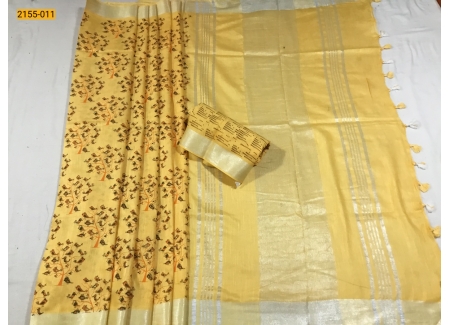 Yellow Parrot Bunch Printed Soft Linen Saree