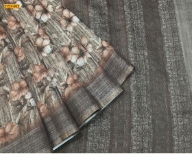 Brown Linen Cotton Digital Printed Saree