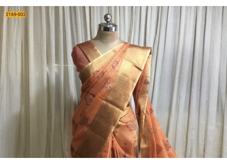 Peach Printed Tissue Soft Silk Saree