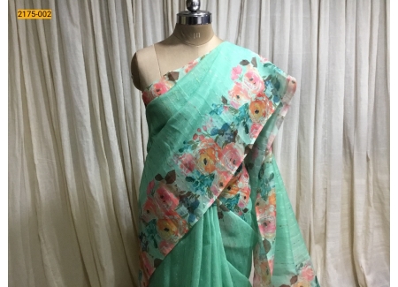 Green Floral Fancy Linen Saree