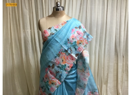 Blue Floral Fancy Linen Saree