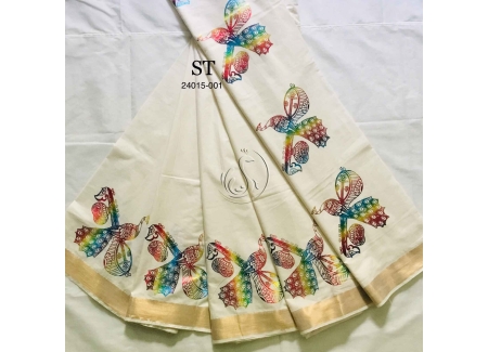 Kerala cotton foil printed saree