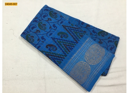 Sky Blue Zari Kattam Floral Printed Sungudi Cotton Saree