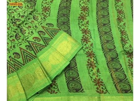 Light Green Zari Kattam Floral Printed Sungudi Cotton Saree
