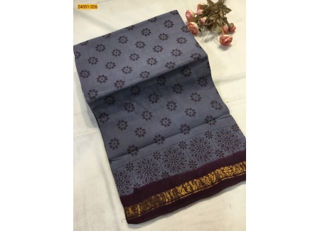 Gray With Brown Sungudi Cotton Printed Saree