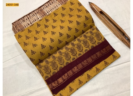 Mustard Yellow With Brown Sungudi Cotton Printed Saree