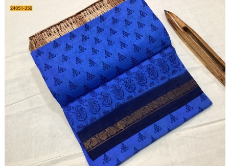 Blue With Navy Blue Sungudi Cotton Printed Saree