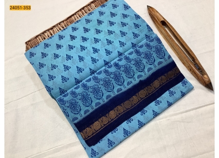 SkyBlue With Navy Sungudi Cotton Printed Saree