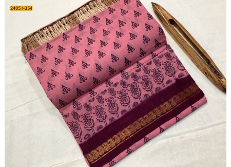 Pink With Maroon Sungudi Cotton Printed Saree