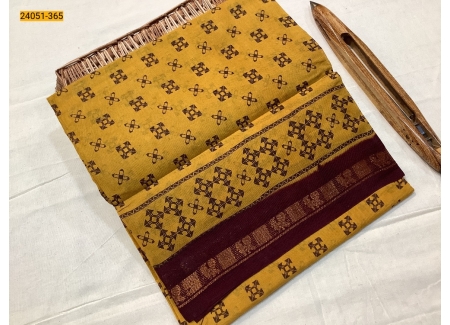 Mustard Yellow With maroon Sungudi Cotton Printed Saree