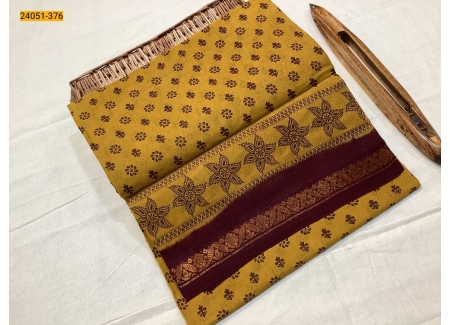 Mustard Yellow With Maroon Sungudi Cotton Printed Saree
