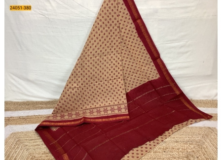 Brown With Red Sungudi Cotton Printed Saree