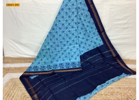 Blue With Navy Sungudi Cotton Printed Saree