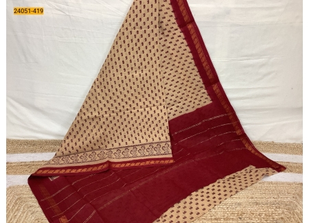 Brown With red Sungudi Cotton Printed Saree
