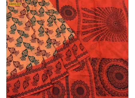 Orange Mulmul Floral Printed cotton Saree