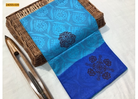 Blue Mulmul Floral Printed cotton Saree