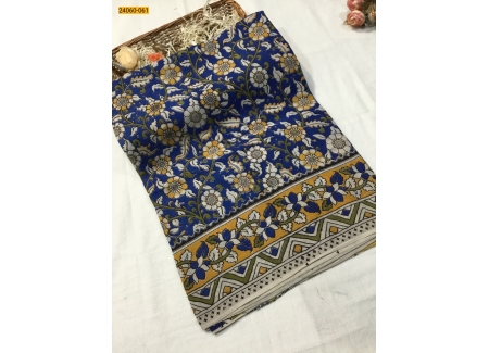 Blue Kalamkari Printed Soft Cotton Saree
