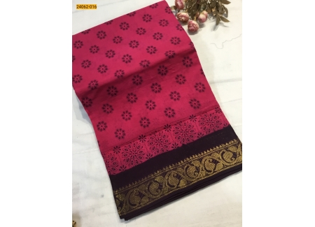 Pink With Brown Sungudi Cotton Printed Saree