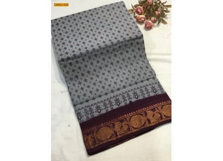 Gray With Maroon Sungudi Cotton Printed Saree