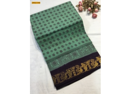 Green With Coffee Brown Sungudi Cotton Printed Saree