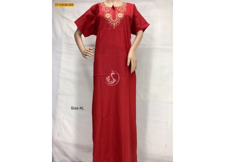 Red Cotton Neck Embroidery Pattern Nighty-XL