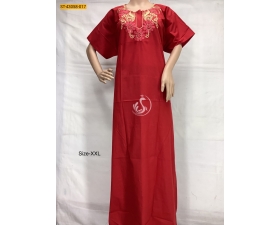 Red Cotton Neck Embroidery Pattern Nighty-XXL