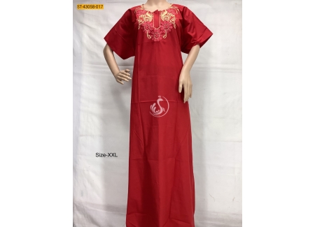 Red Cotton Neck Embroidery Pattern Nighty-XXL