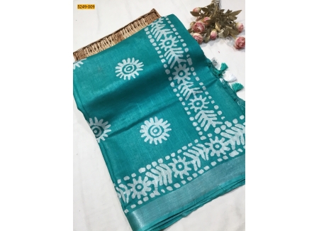 Rama Green Batik Pure Soft Linen Saree