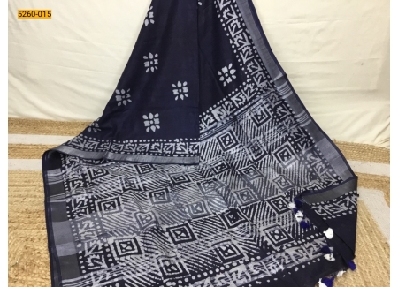 Navy Blue Batik Pure Soft Linen Saree