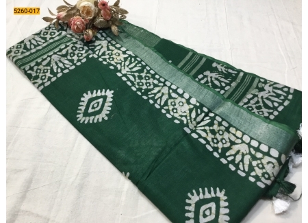 Dark Green Batik Pure Soft Linen Saree