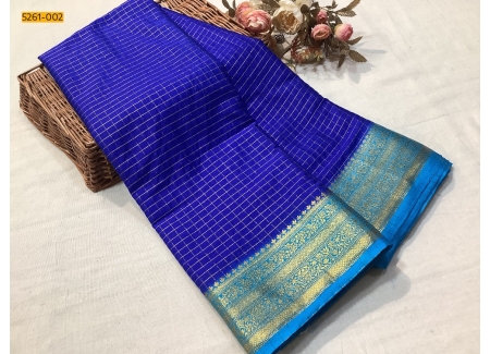 Blue Checked Fancy Mysore Crepe Silk Saree
