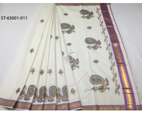 Kerala kasavu cotton embroidery saree