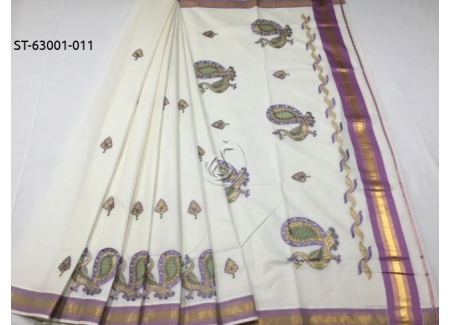 Kerala kasavu cotton embroidery saree