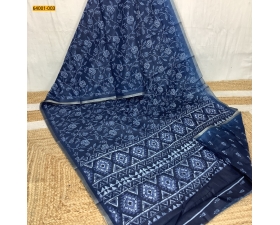 Blue Indigo Printed Fancy Linen Blend Saree