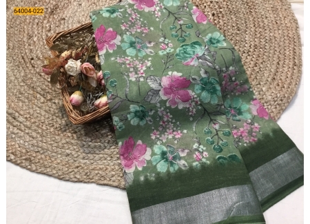 Green Linen Cotton Digital Print Saree