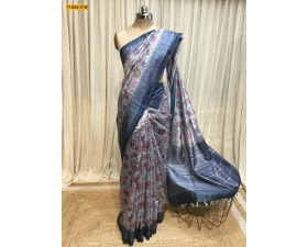 Pastel Blue Kalamkari Soft Linen Silk Saree
