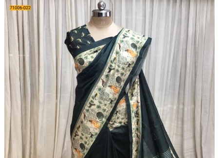 Green Kalamkari Soft Linen Silk Saree