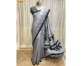 Metallic Gray Kalamkari Soft Linen Silk Saree