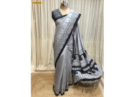 Metallic Gray Kalamkari Soft Linen Silk Saree