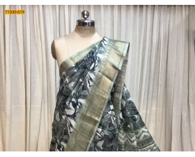 Green Digital Print Fancy Linen Cotton Saree
