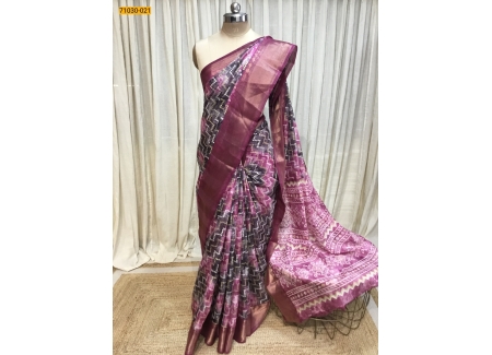 Gray With Pink Digital Print Fancy Linen Cotton Saree