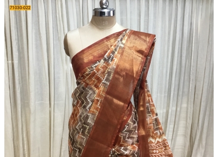 Brown With Orange Digital Print Fancy Linen Cotton Saree
