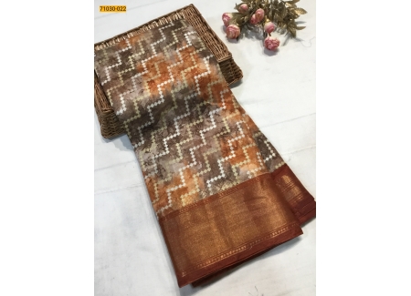 Brown With Orange Digital Print Fancy Linen Cotton Saree