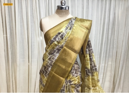 Brown With Yellow Digital Print Fancy Linen Cotton Saree