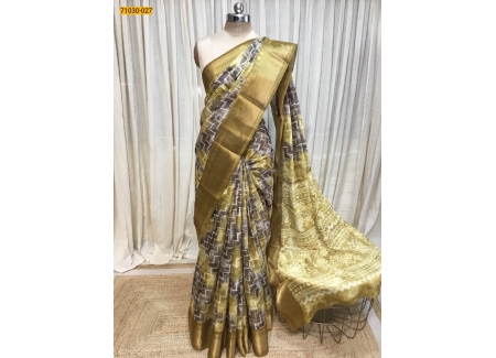 Brown With Yellow Digital Print Fancy Linen Cotton Saree