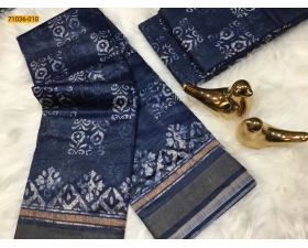 Blue Indigo Printed Fancy Linen Blend Saree
