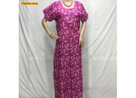 Pink Long Zip Cotton Printed Nighty - XL