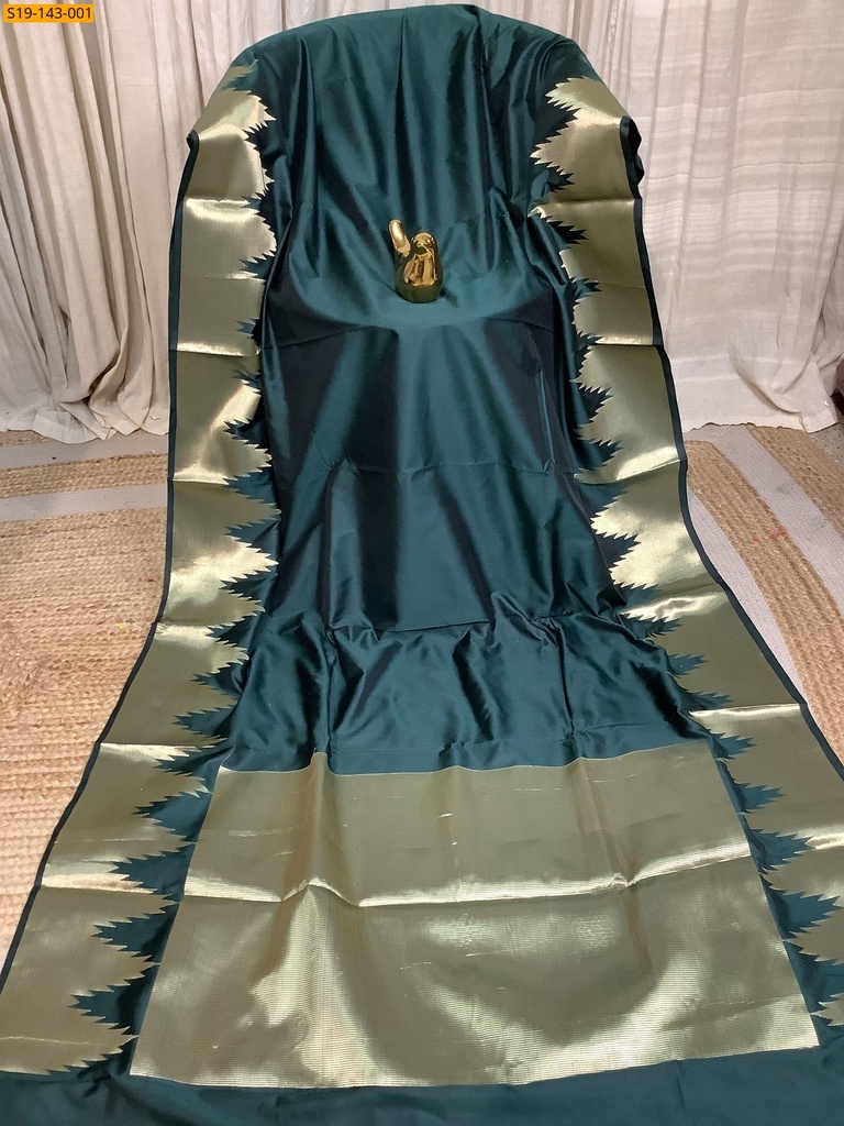 Dark Green Temple Border Soft silk Saree