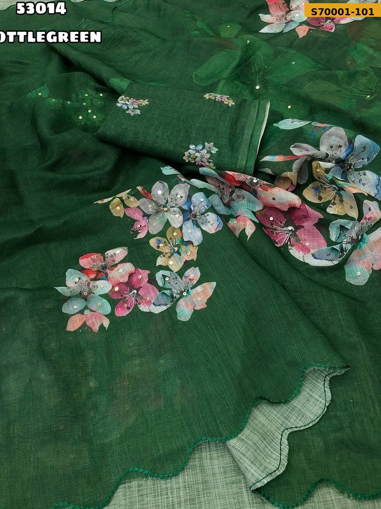 [S70001-101] Fancy  Soft Linen Floral Digital Printed Saree (S70001-101)