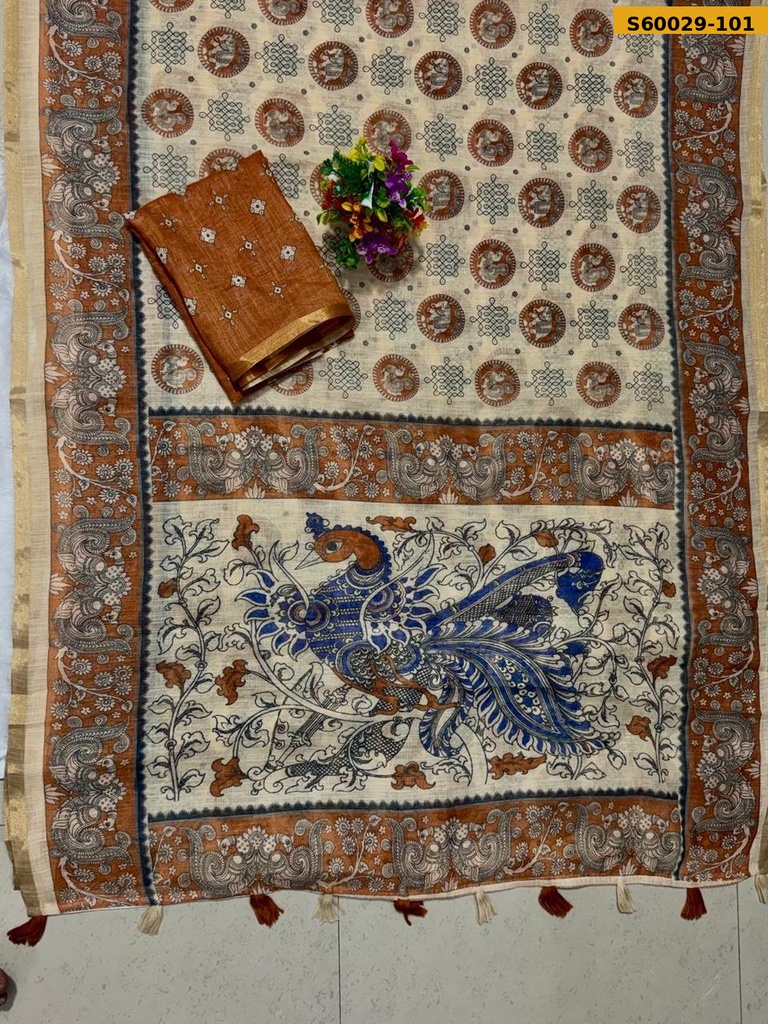 Fancy Soft Linen Cotton Mayur Printed Saree